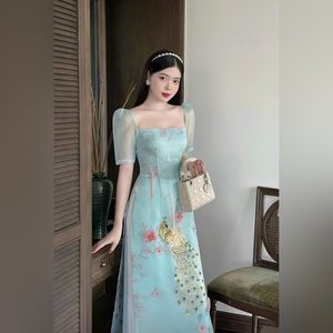 Size Small USA- Ao Dai Blue Square Neckline Sparkle- | Vietnamese Ao Dai